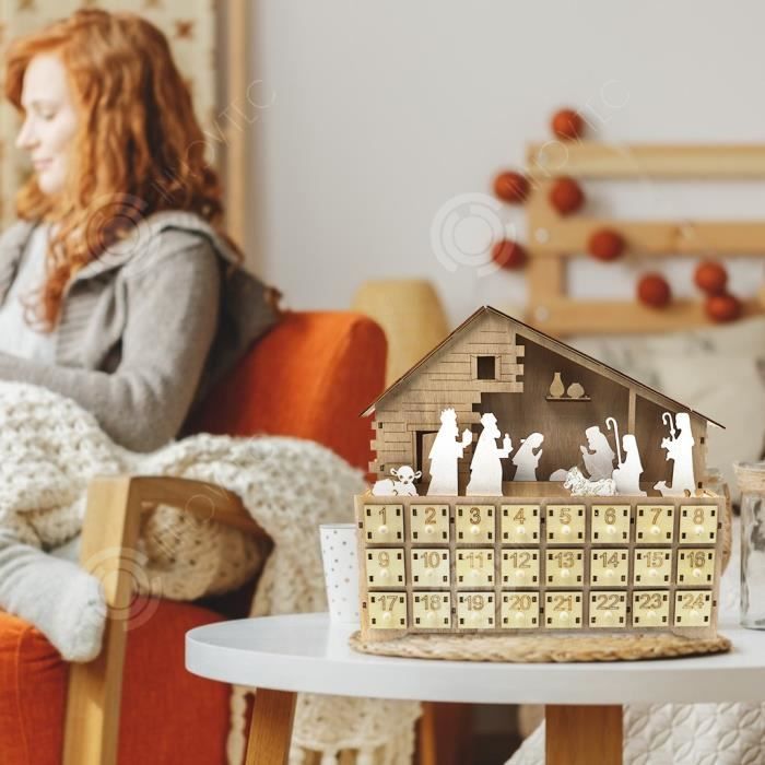 Petite Creche De Noel Crèche De Noel En Bois Avec Lumière LED , Scène De La Nativité Avec Tous Ses Personnages, 29,5X11,5X16,5 Cm Village De Noel