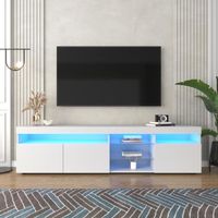 Meuble TV / Banc TV avec LED - JAERLIUB - 180cm - Blanc - 3 portes et étagères - Bois MDF