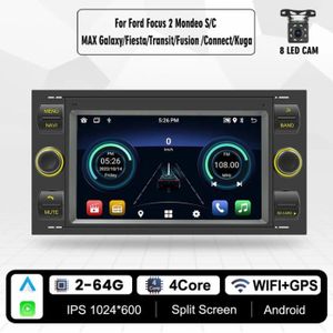 AUTORADIO Autoradio bluetooth stéréo Android 2din,GPS,Carplay,Caméra,vidéo multimédia,2+64G,pour Ford Focus 2 Mondeo S C Max Kuga Fiesta