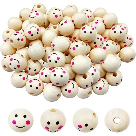 50 Perles En Bois Rondes 20mm Visage Chat Souriant - Perles Artisanat Bricolage Avec Trou
