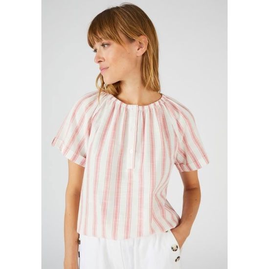 Chemisier City Rayé Violet – Voile Transparent, Manches Longues à Volants, Taille 44