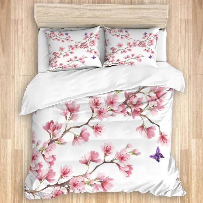 Parure de couette Fleur de cerisier rose et papillons violets,1 Housse