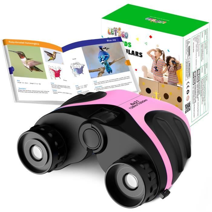 Jumelles Enfant, 8x21 jumelle HD pour enfant, Anti-vibration et étanche pour L'extérieur observation des Oiseaux-Rose