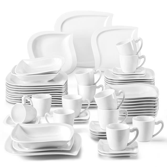 Malacasa Elvira Porcelaine 60pcs Service de Table 12 Tasses à Café 12 Sous-tasse 12 Assiette à Dessert 12 Creuses 12 Plates