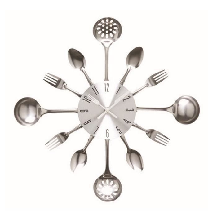 HT Horloge Murale Couverts En Métal Nouvelle Gamme De Couleurs Elégantes Pour Cuisine De Maison Bureau-Argent - HTPRM824A0713