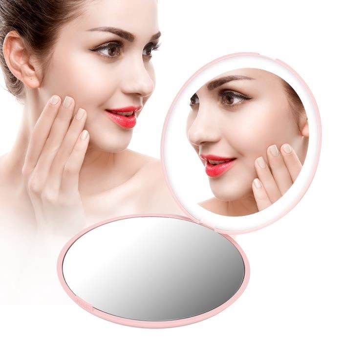 Outil cosmétique de miroir de maquillage pliable portable à grossissement 10X Mini 12 LED (rose)