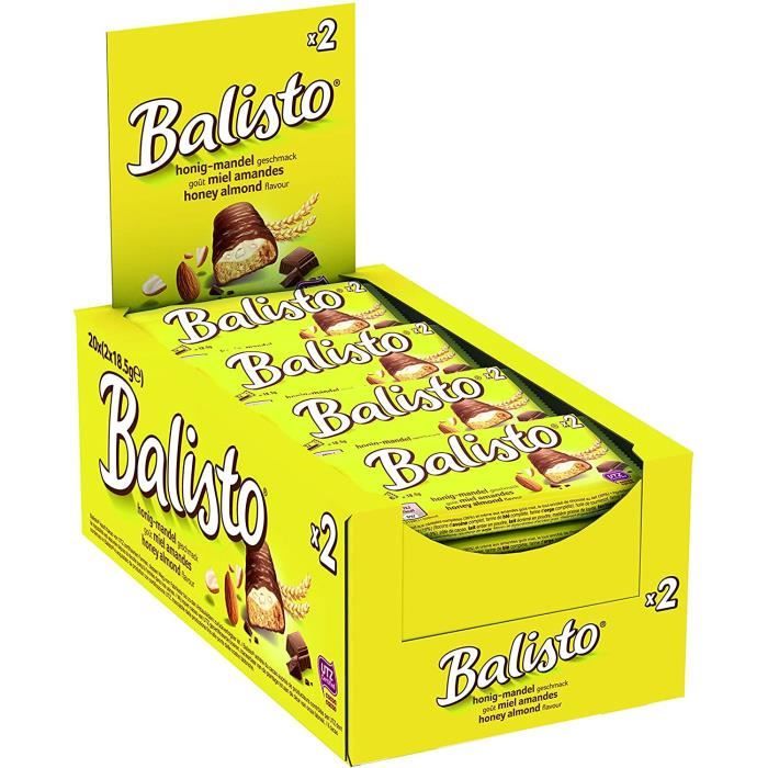 BALISTO - Biscuit Miel Amandes enrobée de chocolat au lait - Maxi Pack de 20 Barres