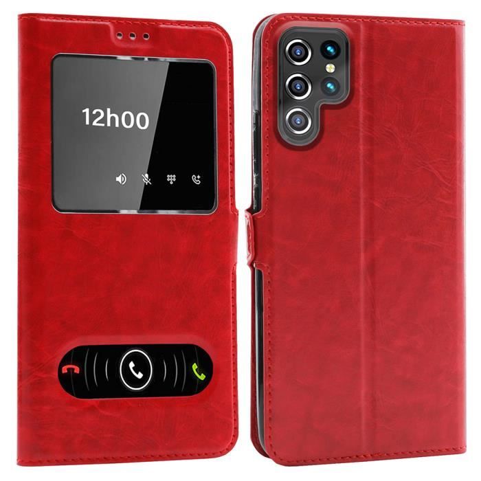 Coque Samsung S22 Ultra 5G, Housse Etui pour Samsung Galaxy S22 Ultra 5G Protection double FENETRES - Rouge