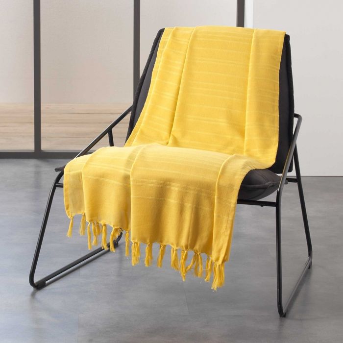 Plaid à franges 220 x 240 cm 100% coton tissé lilia Jaune