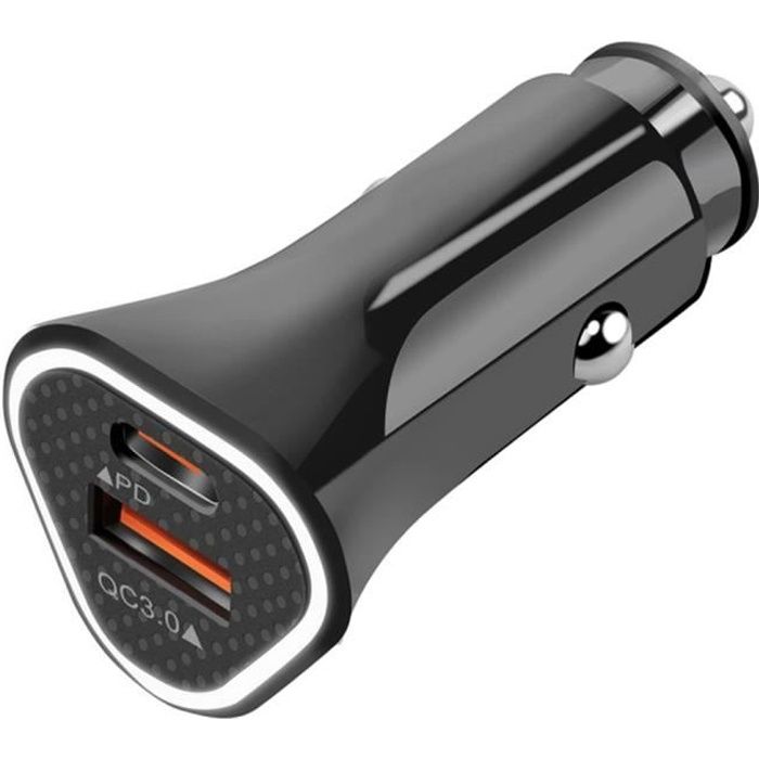 Chargeur de Voiture Rapide Type-C et USB, Prise Allume-cigare Quick Charge Noir