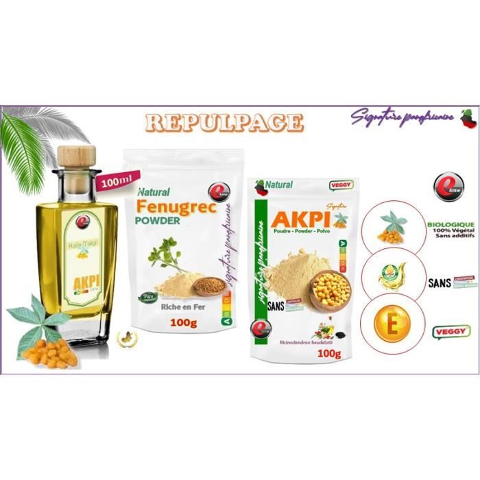 KIT repulpage complet : 100ml Huile d'Akpi + 100G poudre d'AKPI + 100G poudre de Fenugrec