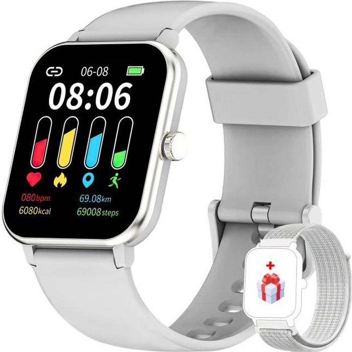 Montre Connectée Homme Femme Multisport IOWODO Smartwatch Bluetooth Etanche Intelligente GPS pour Android iOS(2 Bracelets) Gris