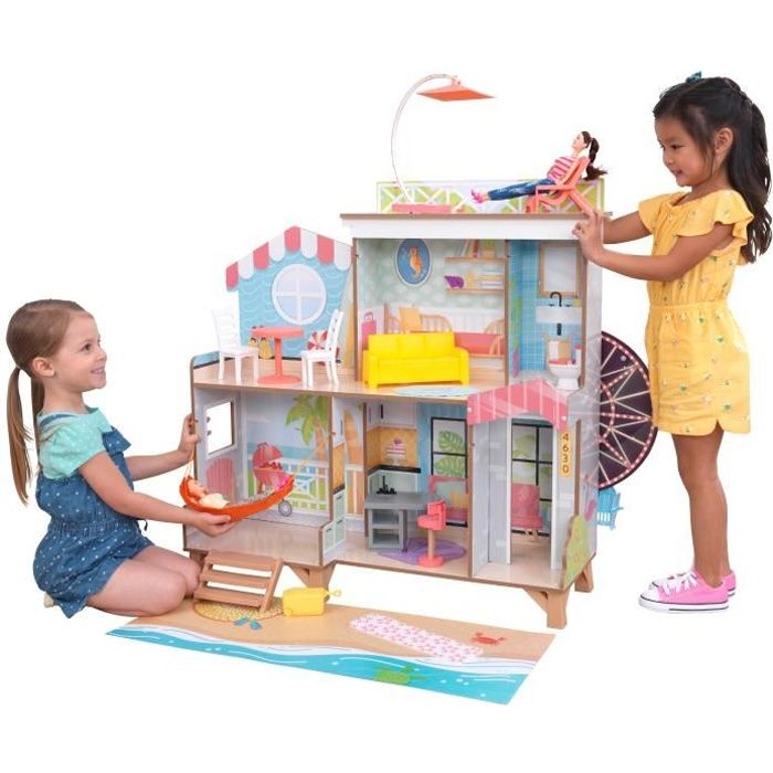 KIDKRAFT - Maison de poupées en bois Ferris Wheel Fun Beach House avec 19 accessoires
