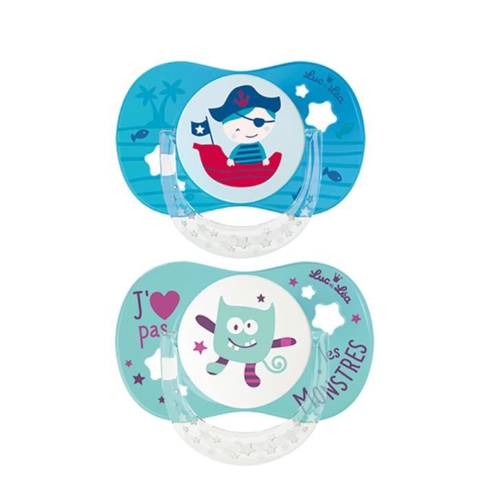 luc et lea sucette symetrique silicone 6 mois et plus pirate monstres