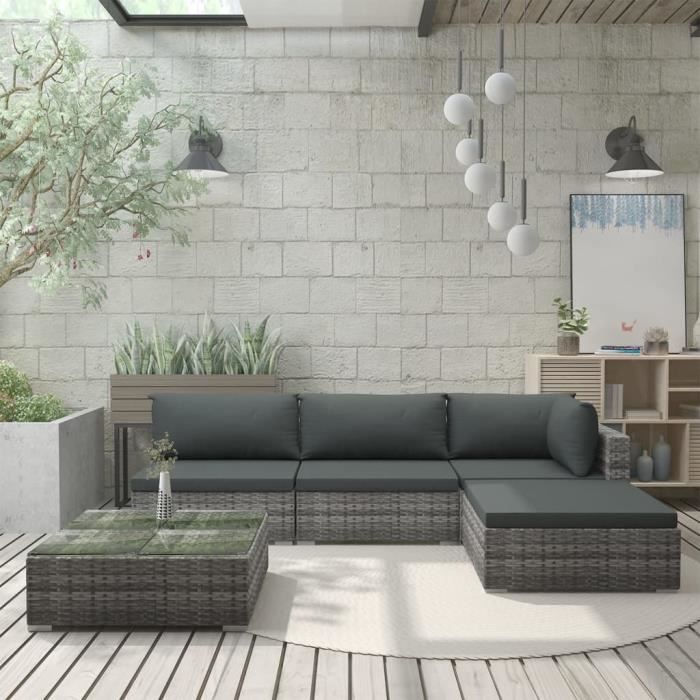Mobilier de Jardin 5 pcs avec Coussins Salon de Jardin Meuble d'Extérieur Mobilier de Terrasse Mobilier de Patio Résine Tressée Gris