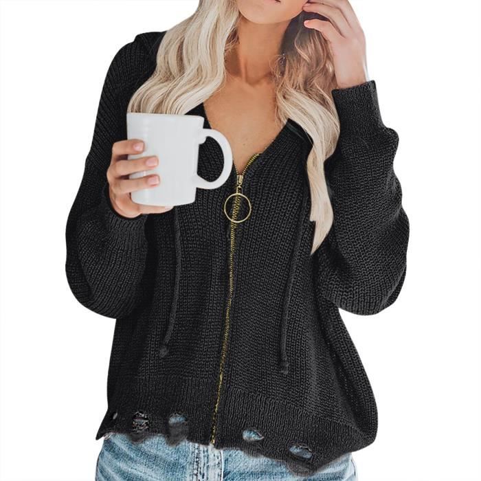 AmzBarley Vêtements pour Femmes Sweat à Capuche à Col en V Haut Ample Tricotés Manteau Mince Cardigan Zippé à Manches Longues