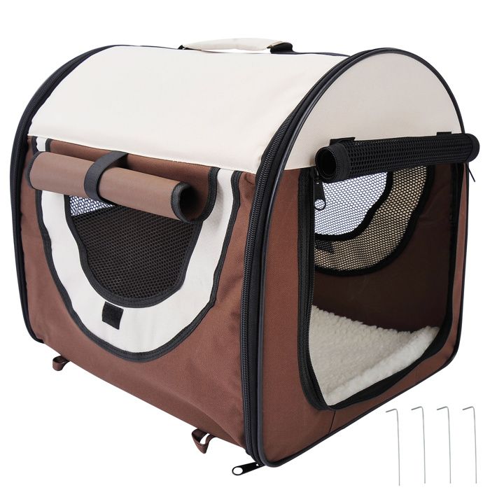 Sac de transport pour chien et chat pliable - poignée, entrée zippée, fenêtres maillées enroulables- coussin inclus - marron beige