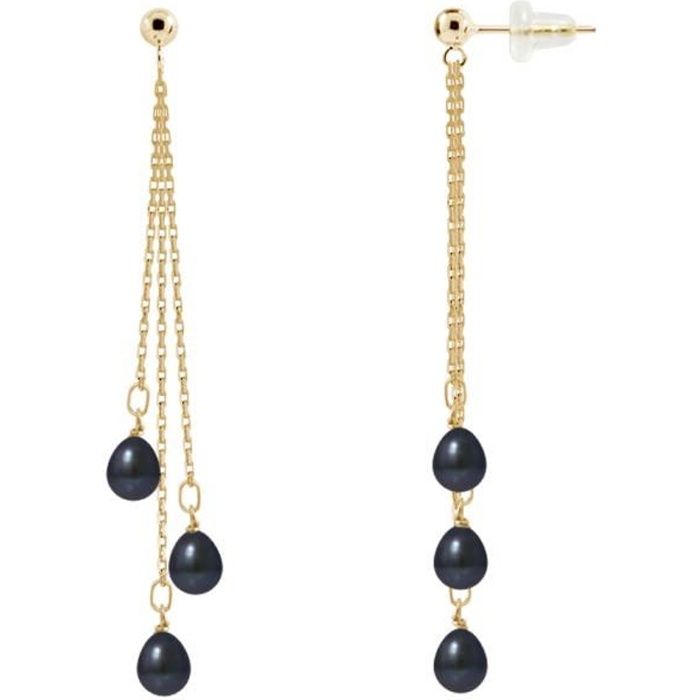 PERLINEA - Boucles d'Oreilles - Véritables Perles de Culture d'Eau Douce Noires Poires 5-6 mm - Or Jaune - Bijoux Femme