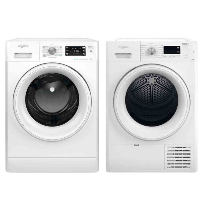 Pack WHIRLPOOL Lave-linge Frontal 8kg 1400Trs/min + Sèche-linge Frontal condensation 8kg 63 Blanc