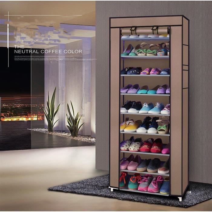 UNI Etagère à Chaussures Porte-Chaussures Meuble de Rangement 10 Couches avec Housse Café