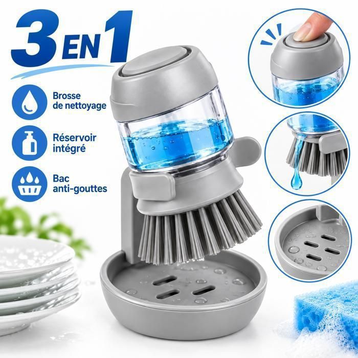 Brosse à Vaisselle FURPAW Brosse de Nettoyage avec Réservoir Intégré Poils en Silicone Distribution de Liquide Vaisselle Gris