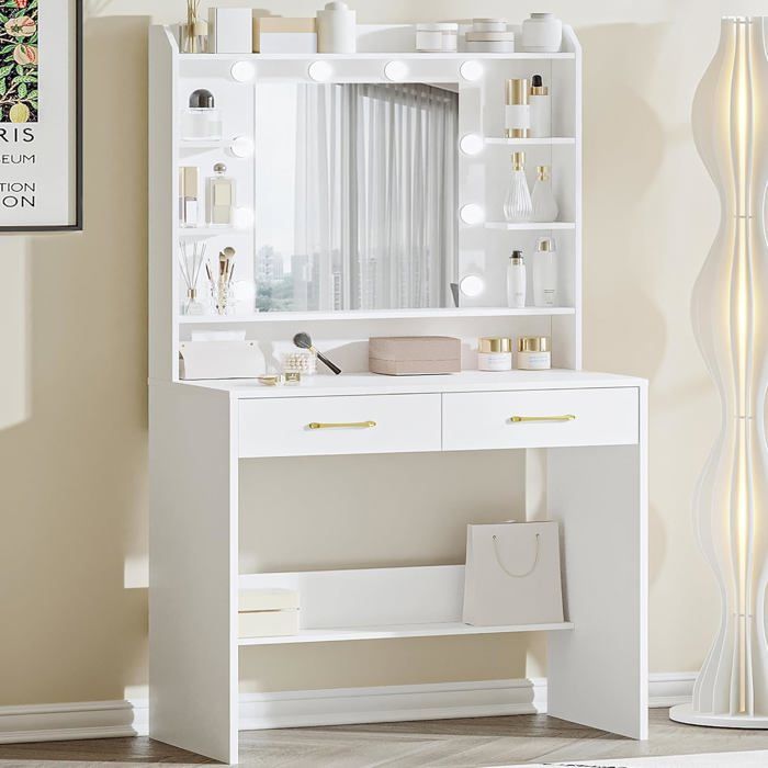 Coiffeuse avec Miroir et éclairage LED Luminosité Réglable Coiffeuse avec étagères et Tiroirs
