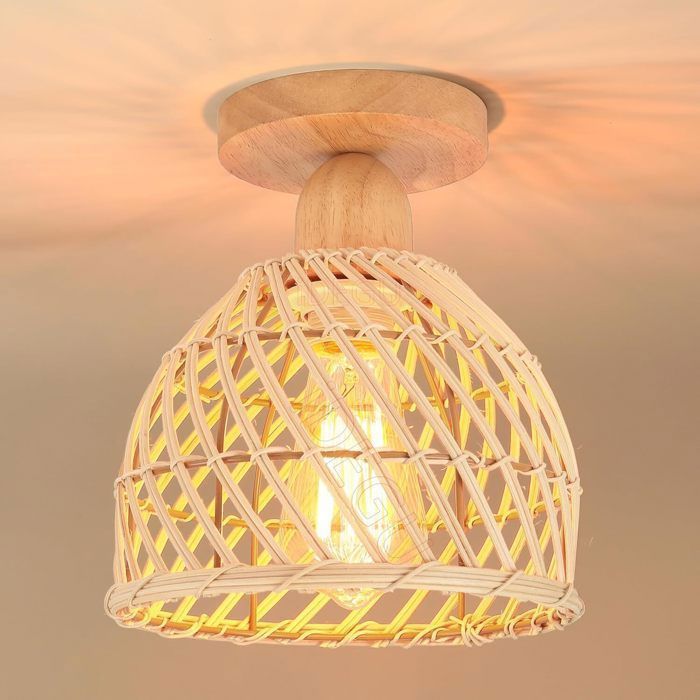 iDEGU Rétro Plafonnier en Bois et Bambou Lustre Industriel E27 Luminaire Abat-Jour Design Spirale Cage Vintage pour Chambre Salon