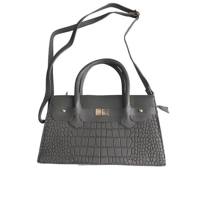 Sac à Main - Femme - Fabriqué en France - Cuir - Gris - Motif - Crocodile - Bandoulière Amovible - 29 x 17 x 8 cm