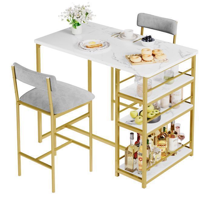 Ensemble Table Haute avec 2 Tabourets de Bar Mange Debout avec 3 Étagères et Porte-Bouteilles pour Salle à Manger-Blanc dore