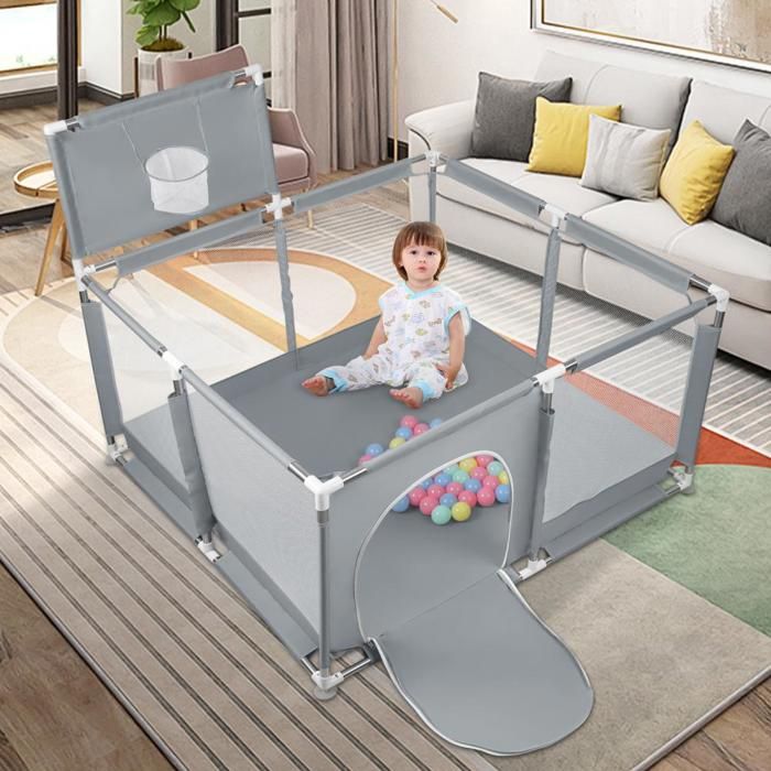 Grand Parc Bébé 126x126x66 Cm Gris Foncé – Avec 50 Balles + 4 Ventouses, Intérieur/Extérieur