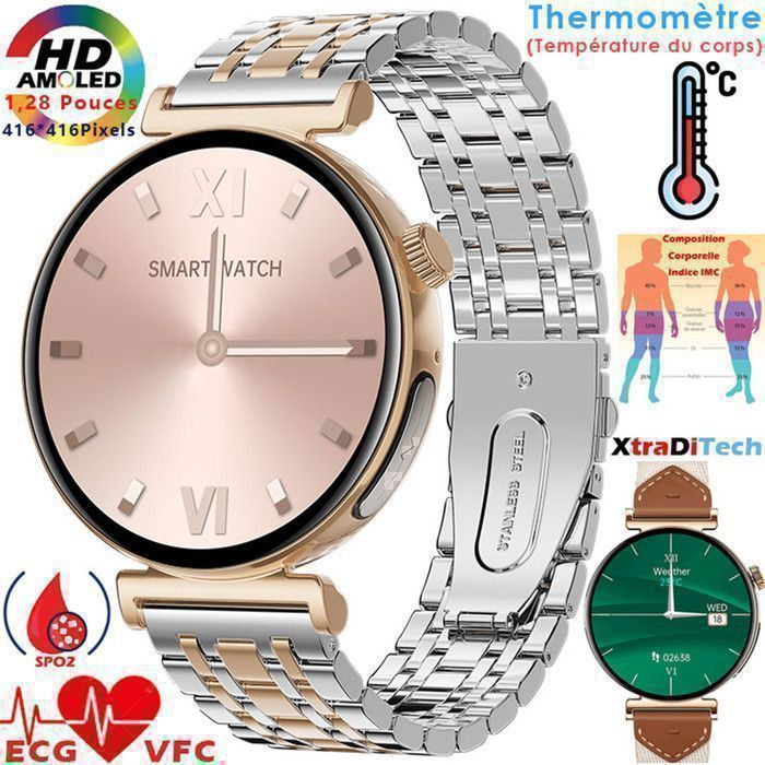 Montre Connectée ECG XtraDiTech Cardiofréquencemètre Thermomètre Moniteur Santé Multifonction Écran AMOLED Appel 2 Bracelets Doré