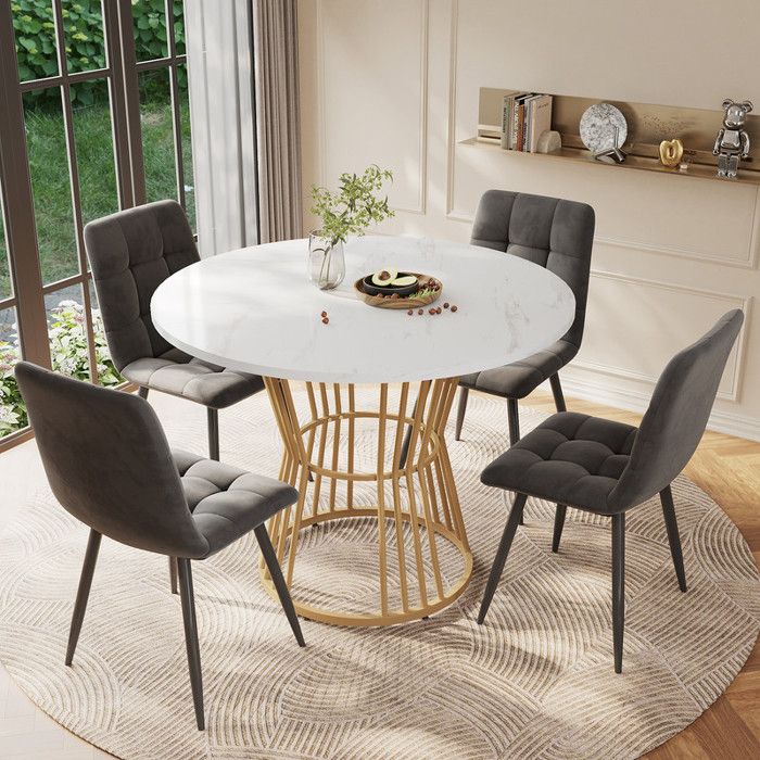 Table à manger ronde 100 cm avec 4 chaiseEnsemble de table à manger table de cuisine avec chaises de salle à manger en velours gris