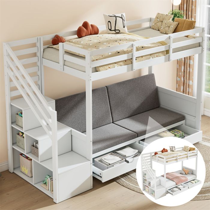DRIPEX Lit superposé 90×200cm pour enfants avec cassiers à escalier et 2 tiroirs le niveau inférieur canapé lit avec coussins Blanc