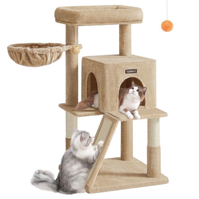 Meilleurs prix pour Arbre à Chat - Feandrea - Marron Camel - Grande Plate-Forme - Niche à 2 Portes - Pompon de Rechange