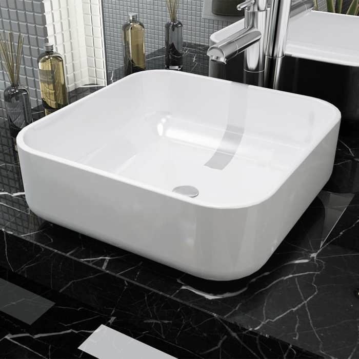 Prix bas - Vasque à poser-Lavabo carré Céramique Blanc 39x39x135 cm （617722680936)