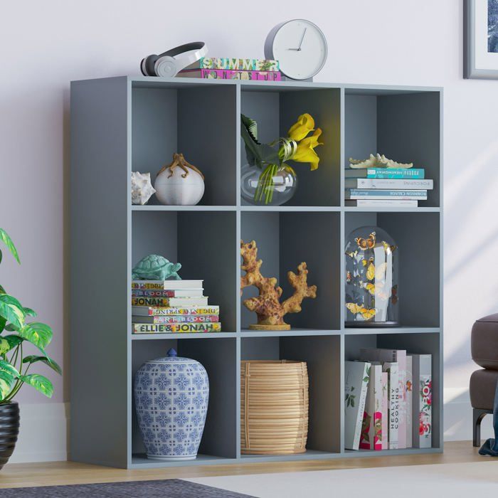 Bibliothèque Durham à 9 cubes grise – Étagère de rangement moderne pour bureau ou salon