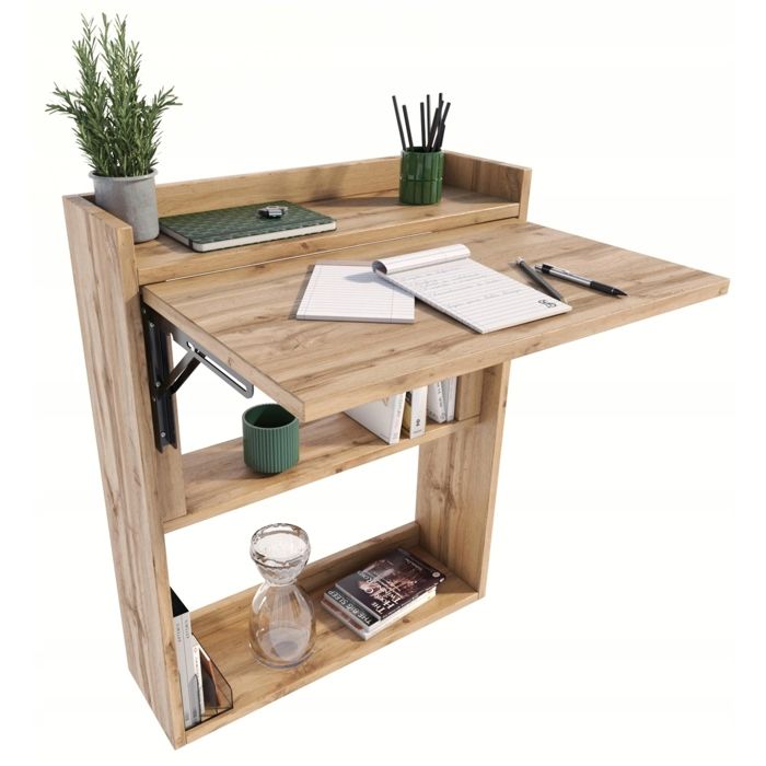 Bureau Mural Pliant WOTAN - Étagère Bibliothèque - 85x70x20 cm - Blanc
