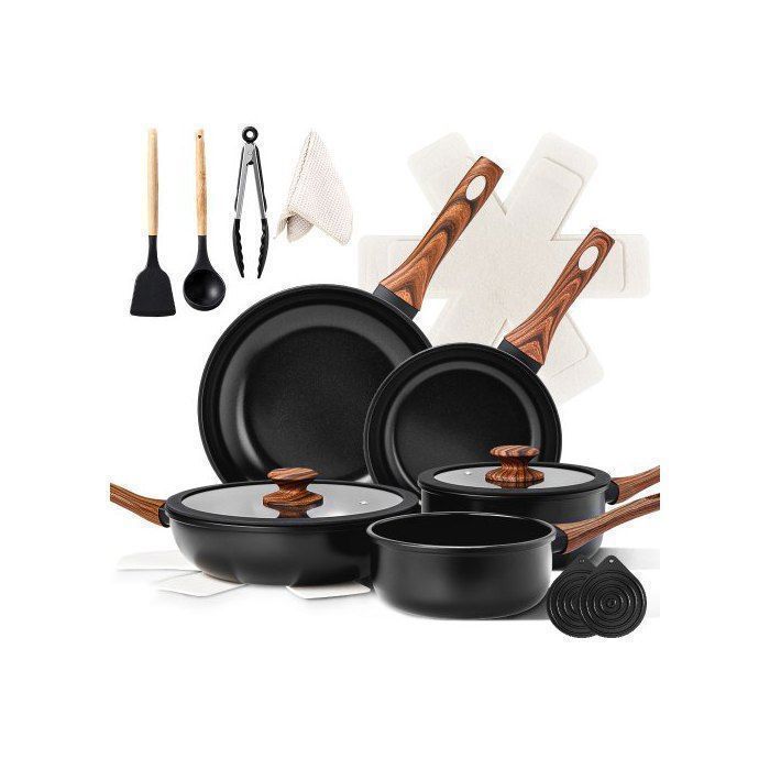 Batterie de cuisine - ALIGHTUP - Ensemble de cuisine 17 pièces, 2 Poêles + 1 Sauteuse+ 2 Casseroles- Noir