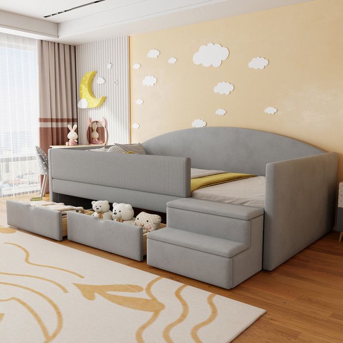 Lit enfant rembourré 90 x 190 cm - Avec 2 tiroirs - Avec marches - Velours - Gris (matelas non inclus) Lit enfant rembourré 90 x 190 cm - Avec 2 tiroirs - Avec marches - Velours - Gris (matelas non inclus)