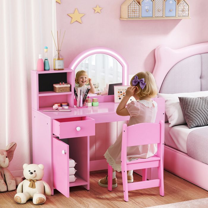 Coiffeuse pour enfants avec tabouret et miroir LED table de maquillage pour 3 à 8 ans 886 x 388 x 969 cm rose