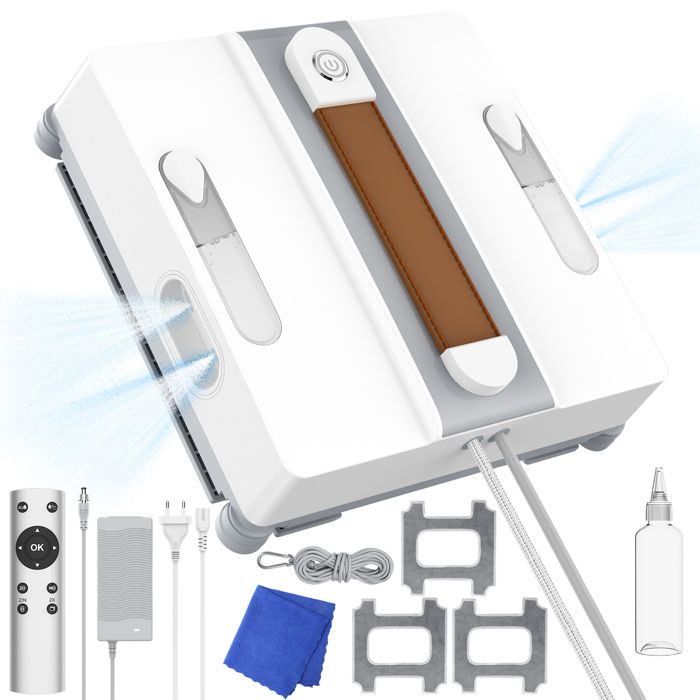 Robot de Nettoyage vitres Jet deau à quatre trous 3 modes nettoyage aspiration 3200PA 72W/65db 50ml*2 Réservoir télécommande