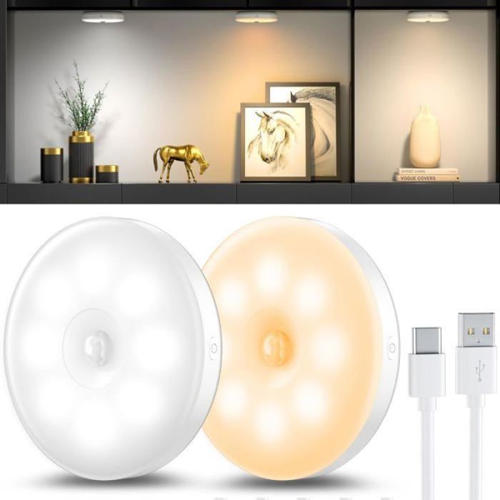 Lot de 2 veilleuses avec détecteur de mouvement Lampe LED rechargeable USB à trois couleurs pour éclairage descalier chambre