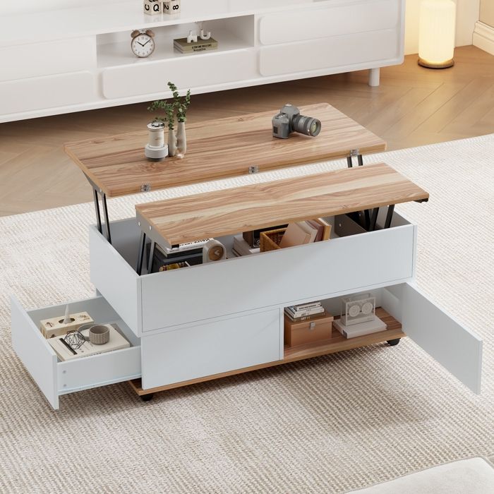 Table Basse Réglable en Hauteur avec Rangement et étagère Cachés Table de Salon Mobile avec Roulettes et Tiroirs 100x98x65cm