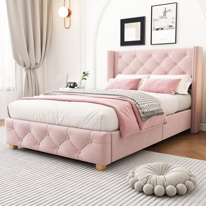 Lit simple - Becag - Lit enfant rembourré 90x200cm avec boutons design - Lit dadolescent avec sommier à lattes Velours Rose