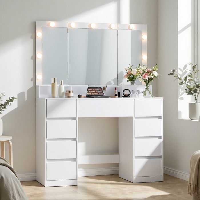Coiffeuse avec 9 Tiroirs Miroir Triple Pliable Éclairage LED 3 Couleurs Chambre Multiprise Intégrée Blanc