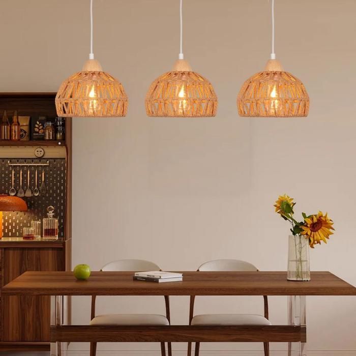 ElektraH E27 Lustre Suspension Vintage Lampe Plafonnier en Bois Rotin Brun E27 Luminaire Eclairage Design Cage Réglable pour Cuisine