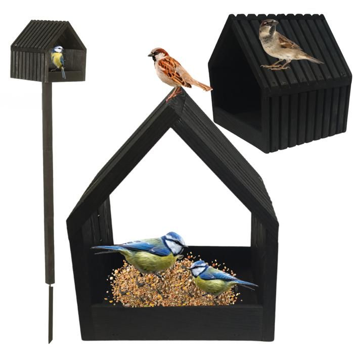 MODO24 Mangeoire oiseaux sur pied bois étanche avec toit nichoir cabane jardin/balcon toute saison montée 117x24x22 cm noir
