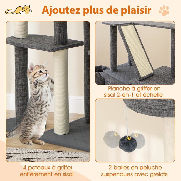 Comparer les prix de GIANTEX Arbre à Chats XXL 180CM à 7 Niveaux avec Poteaux à Gratter et Panneau en Sisal 2 Condo Amovibles 86 x 40 x 180cm Gris
