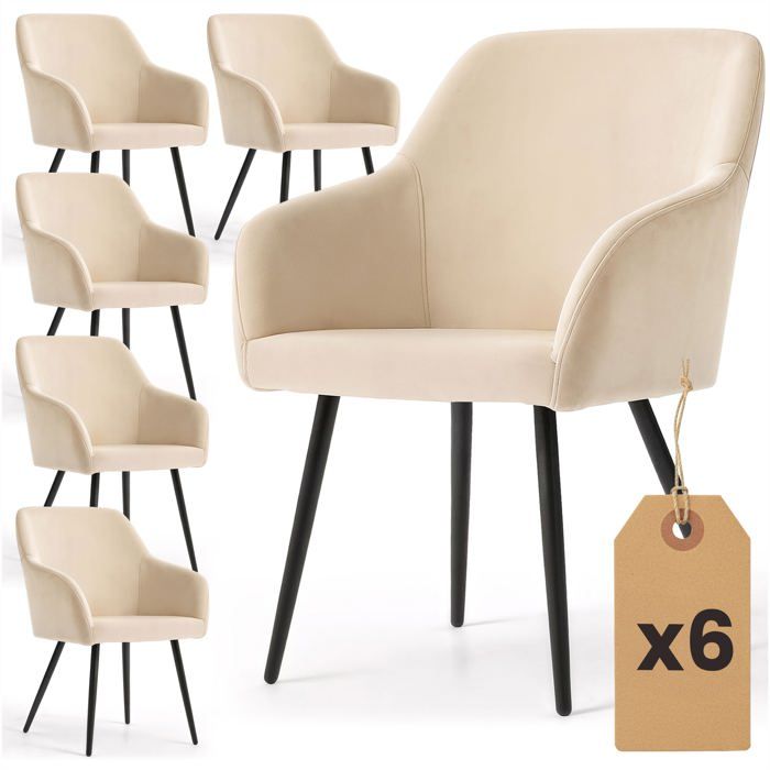 Lot de 6 Chaises en velours lisses ESTELLE Beige pieds noirs Lot de 6 Chaises en velours lisses ESTELLE Beige pieds noirs