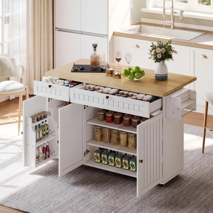 HOMVRA Desserte de cuisine 137x45-70x89 5 cm avec plan de travail pliant 2 tiroirs et 3 portes blanc